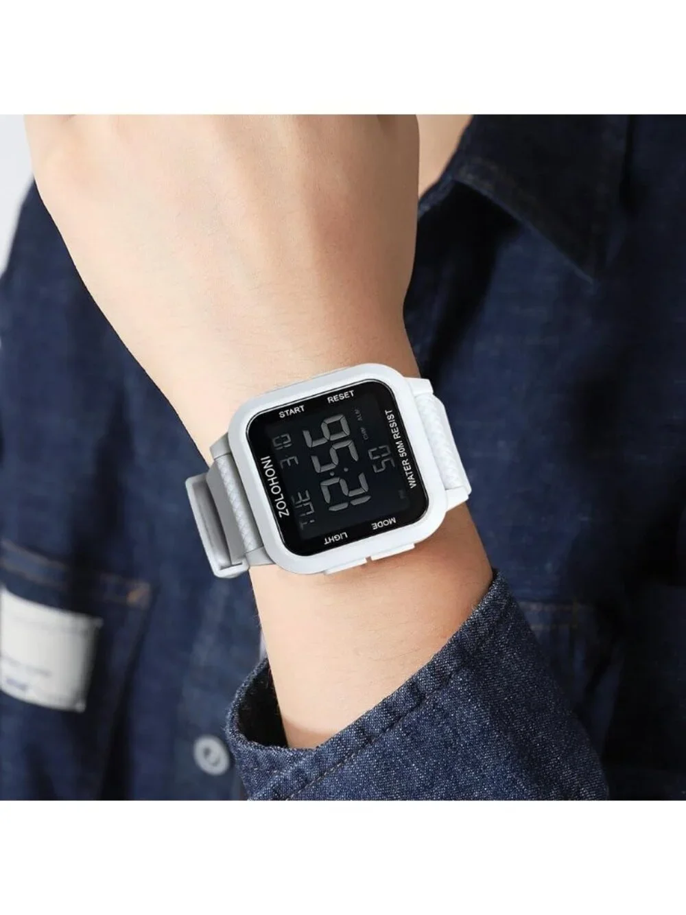 Men's White Analog Quartz Stainless Steel Waterproof Square LED Digital Watch